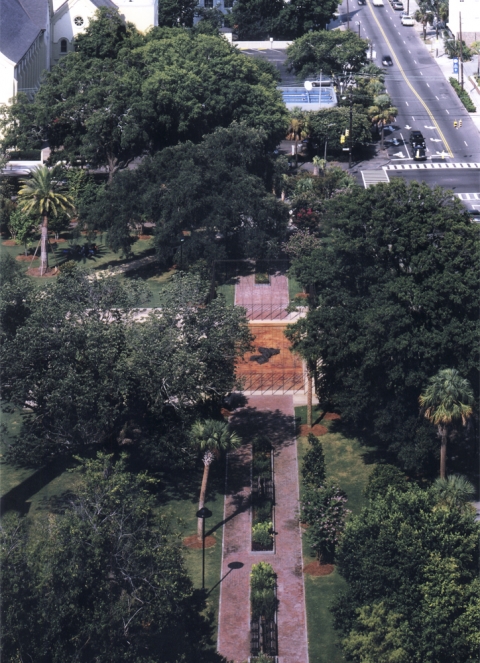 Straddling the square's main pathway