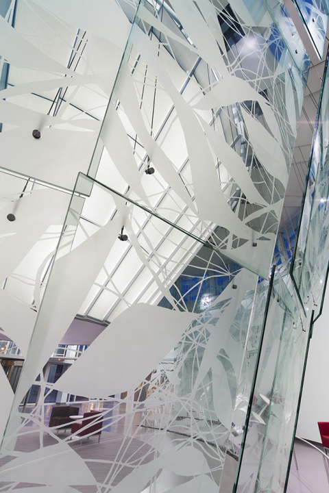 Architect’s monumental glass environmental sculpture at lobby