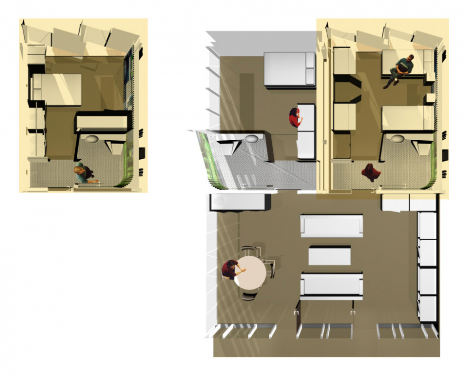 Suite type variability: stand alone single & two room with flex-space suite