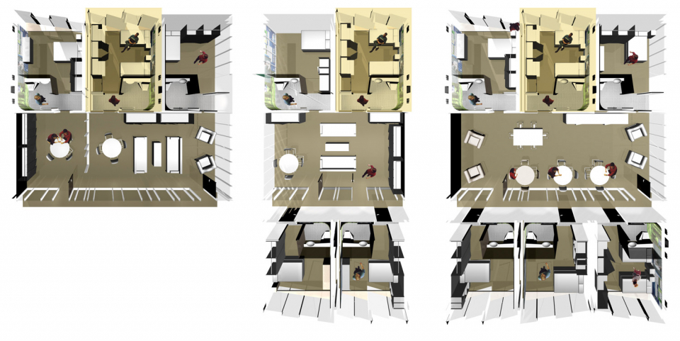 Suite type variability: three, four, and six room suites
