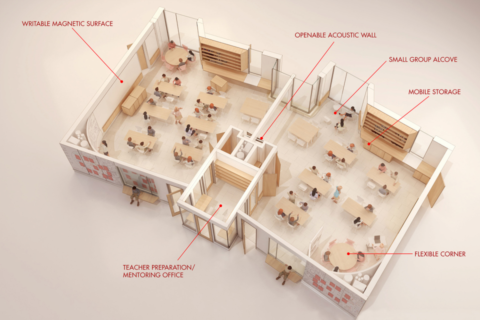 Combinable classroom suite with shared teacher office