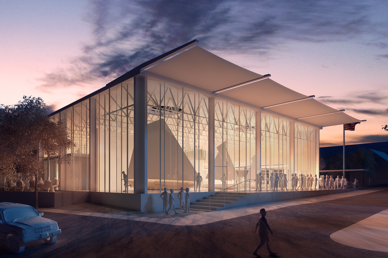The main building - a glowing beacon at dusk