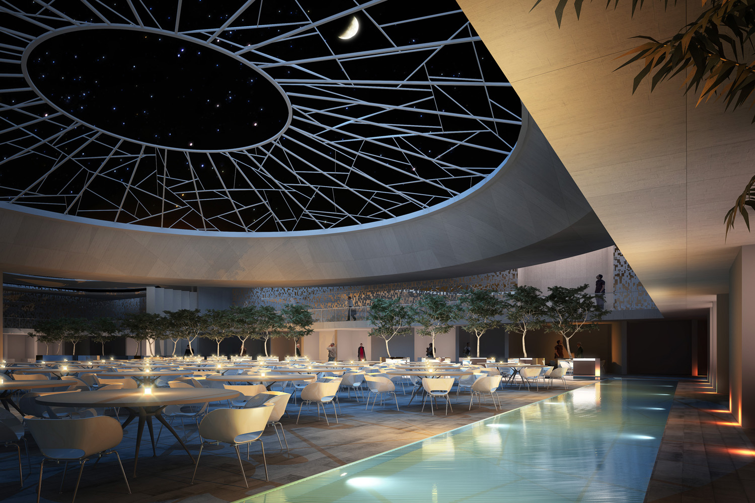 Community center event space open to the night sky