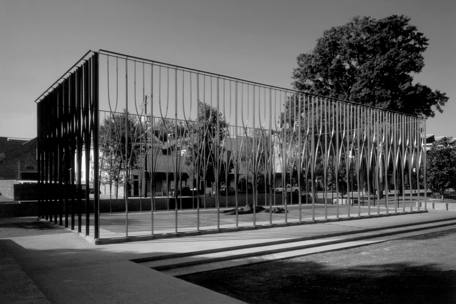Monumental two-story diaphanous stainless screen