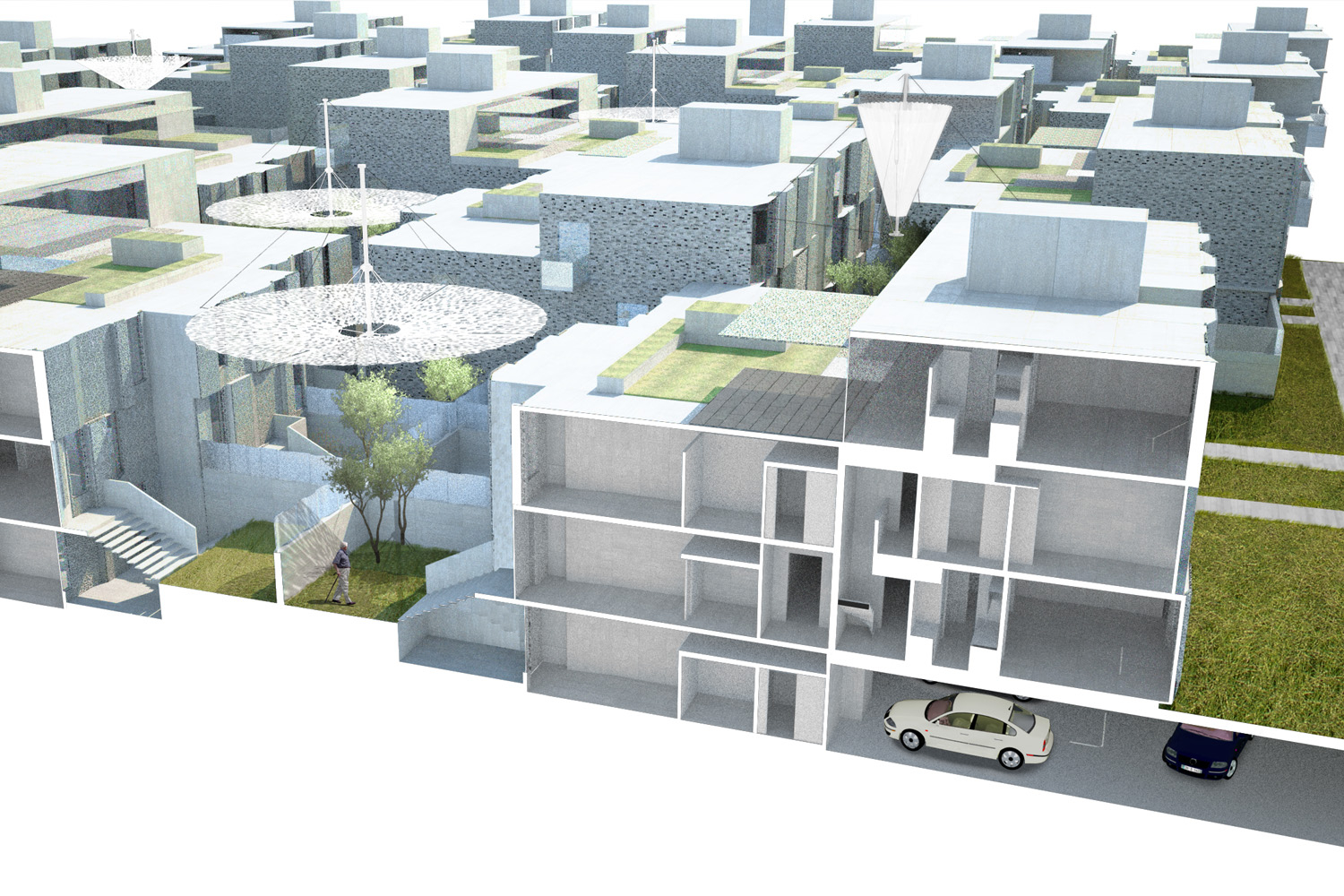 Split section solution for private parking, pedestrian street & courtyards